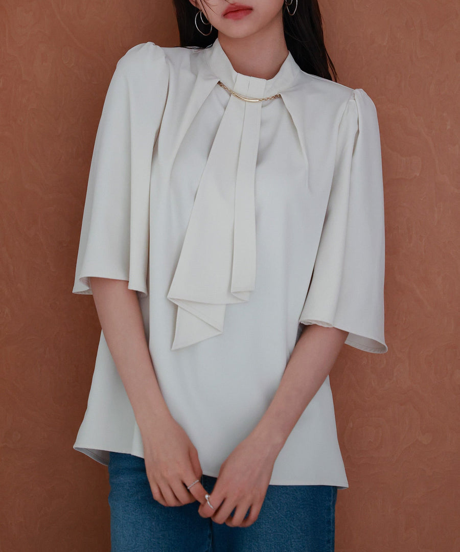 Gold-Motif Bow-Tie Stand-Collar Blouse OEM ODM reference 1