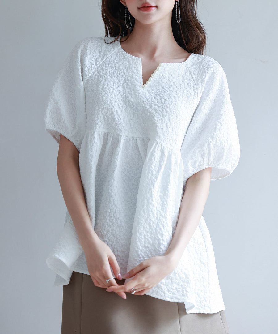 Textured Jacquard Pearl Key-Neck Blouse OEM ODM reference 1