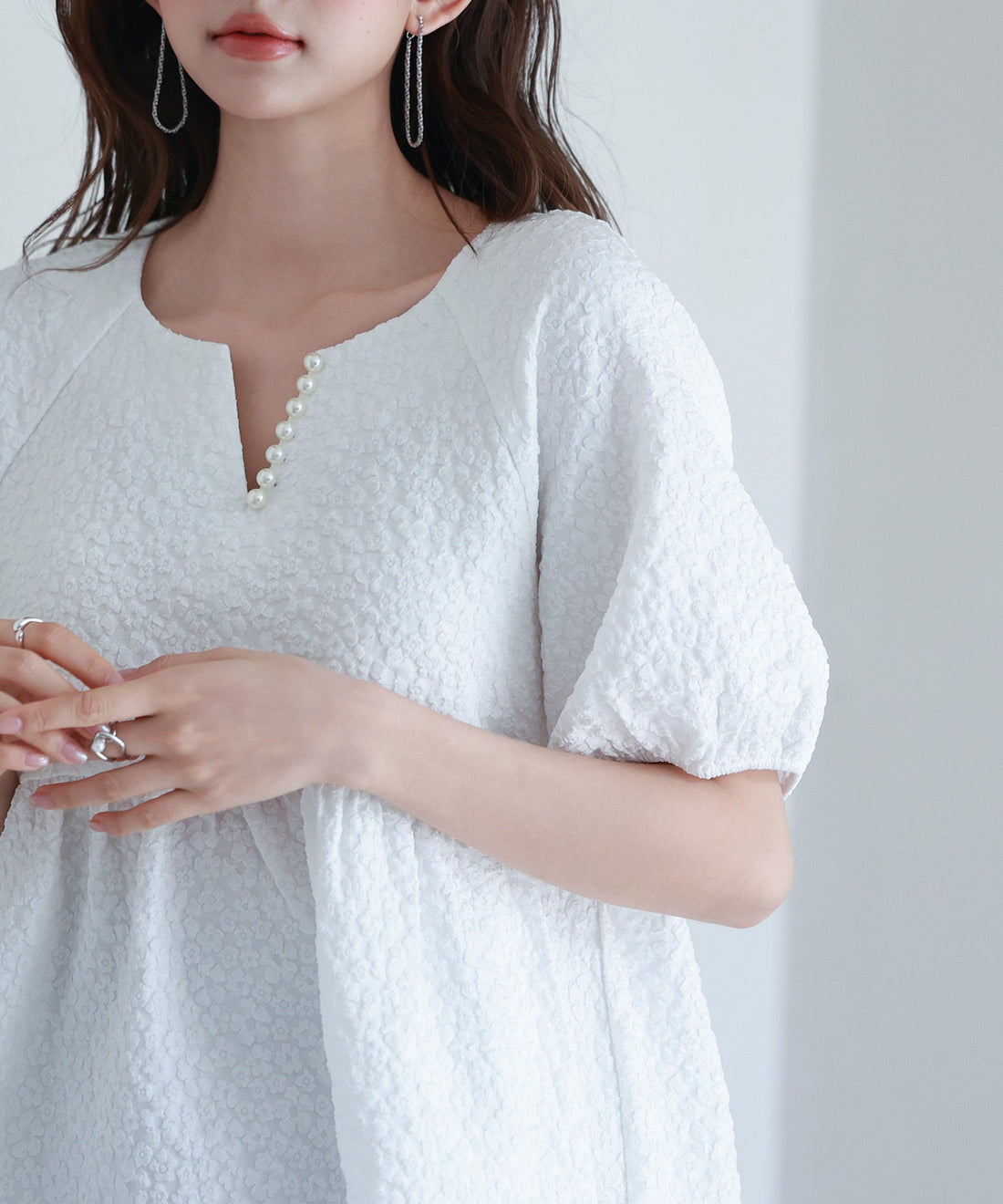 Textured Jacquard Pearl Key-Neck Blouse OEM ODM reference 9 - additional view 9