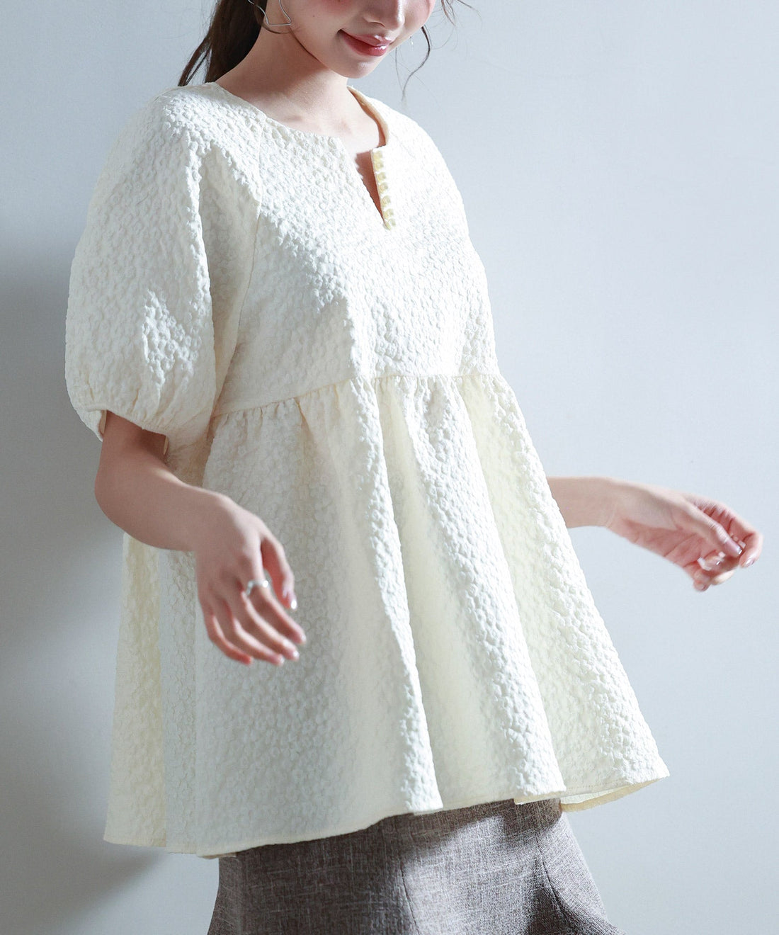 Textured Jacquard Pearl Key-Neck Blouse OEM ODM reference 12 - additional view 12