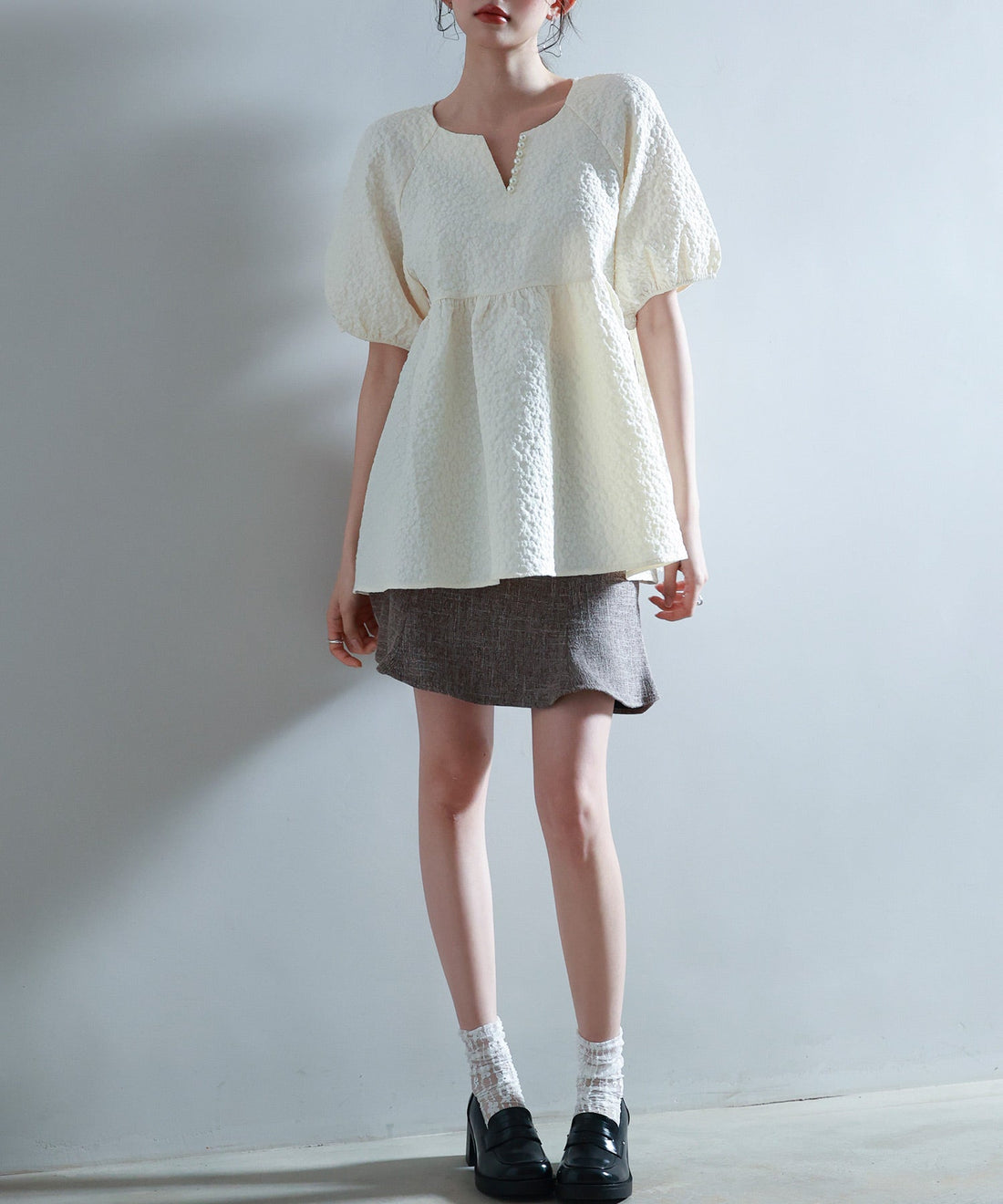 Textured Jacquard Pearl Key-Neck Blouse OEM ODM reference 14 - additional view 14