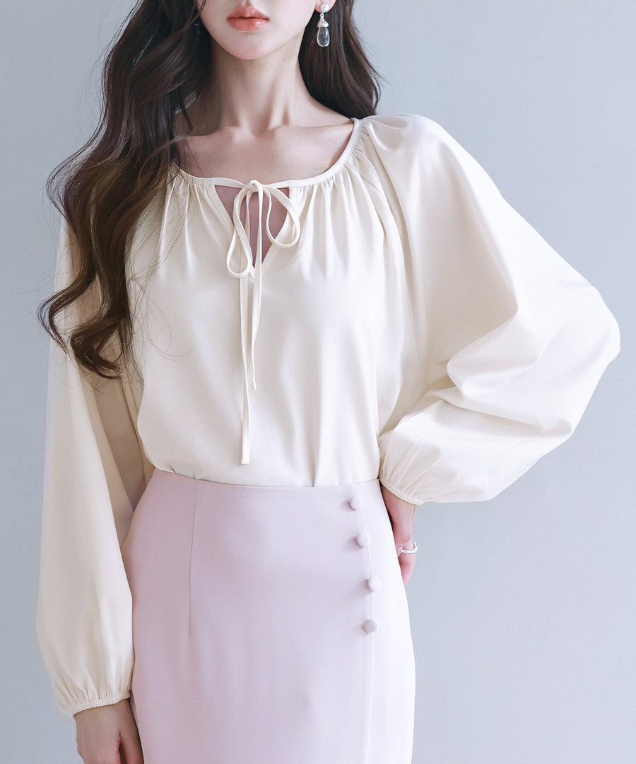 Ribbon-Tie V-Neck Gathered Blouse OEM ODM reference 1
