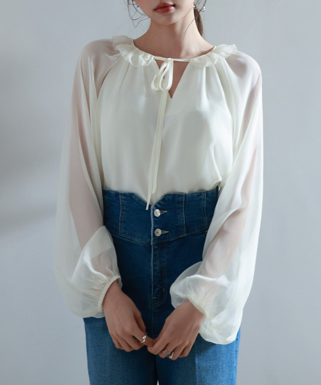 Ruffle-Neck Ribbon Chiffon Blouse OEM ODM reference 15 - additional view 15