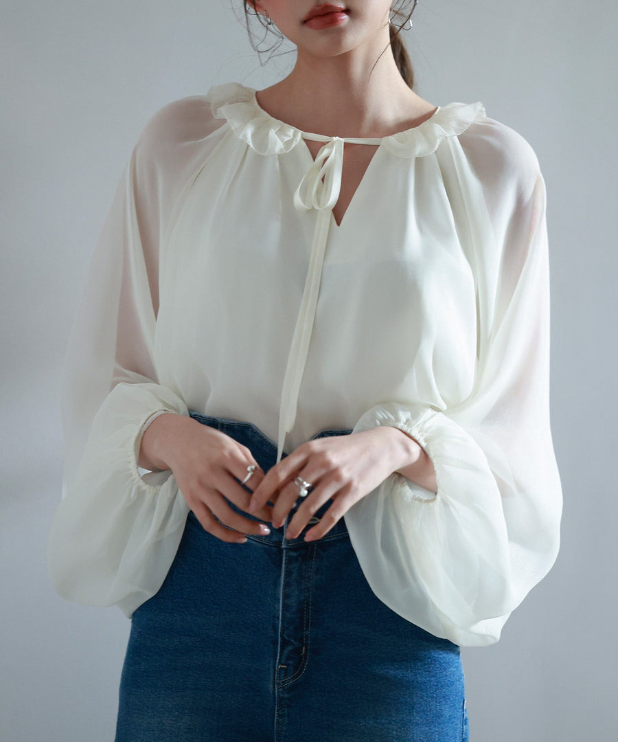Ruffle-Neck Ribbon Chiffon Blouse OEM ODM reference 1
