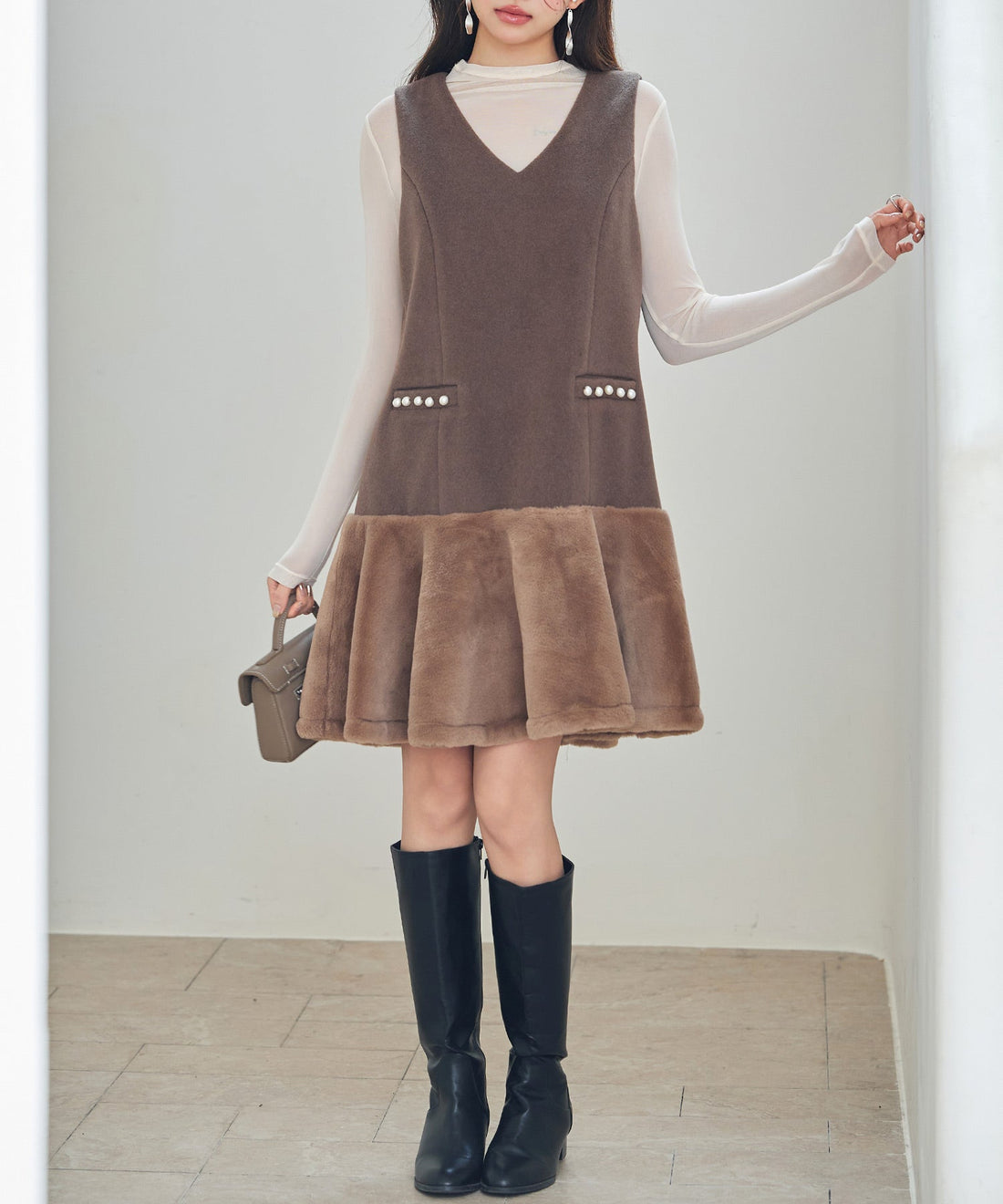 Fur-Trim V-Neck Sleeveless Dress OEM ODM reference 9 - additional view 9