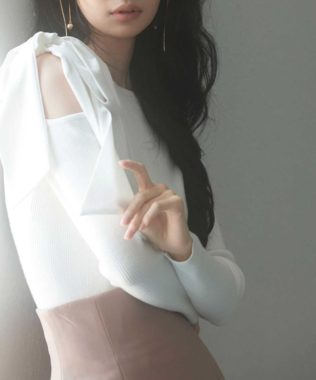 One-Shoulder Big-Ribbon Rib-Knit Top OEM ODM reference 11 - additional view 11