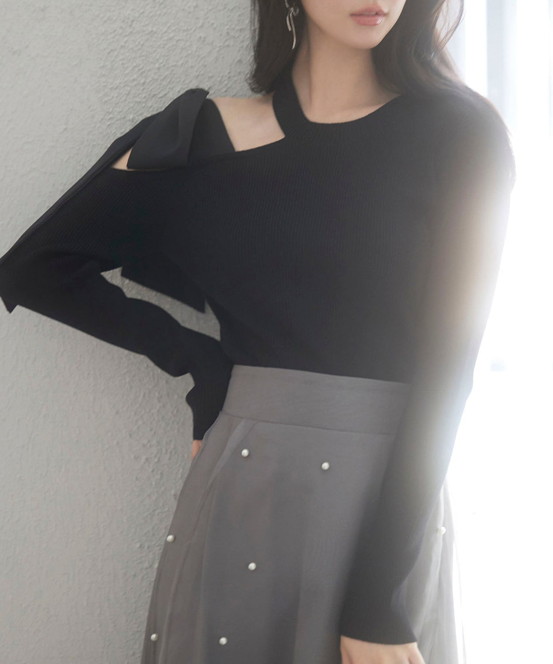 One-Shoulder Big-Ribbon Rib-Knit Top OEM ODM reference 13 - additional view 13