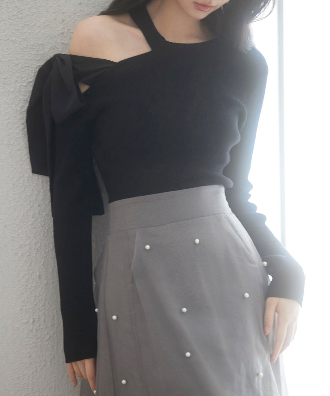 One-Shoulder Big-Ribbon Rib-Knit Top OEM ODM reference 14 - additional view 14