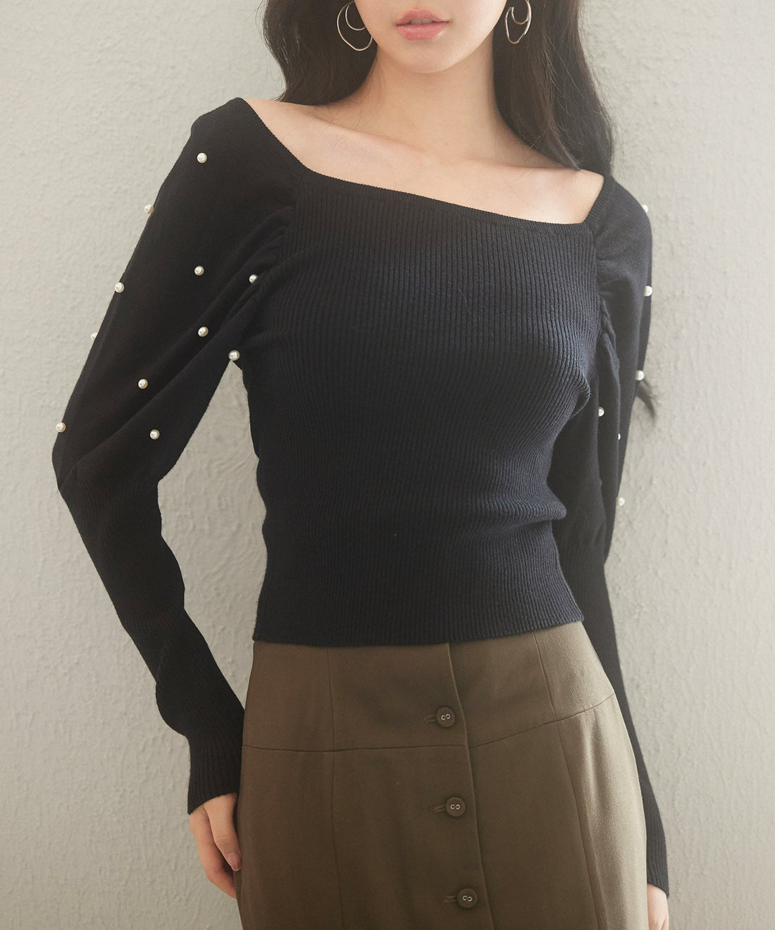2-Way-Neck Pearl-Sleeve Fine-Knit Top OEM ODM reference 14 - additional view 14