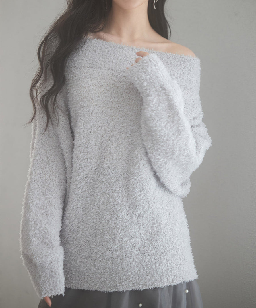 2-Way-Neck Tulle-Trim Knit Pullover OEM ODM reference 1