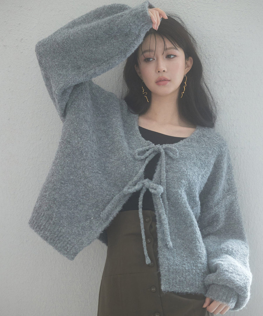 Front-Ribbon Drop-Shoulder Knit Cardigan OEM ODM reference 1
