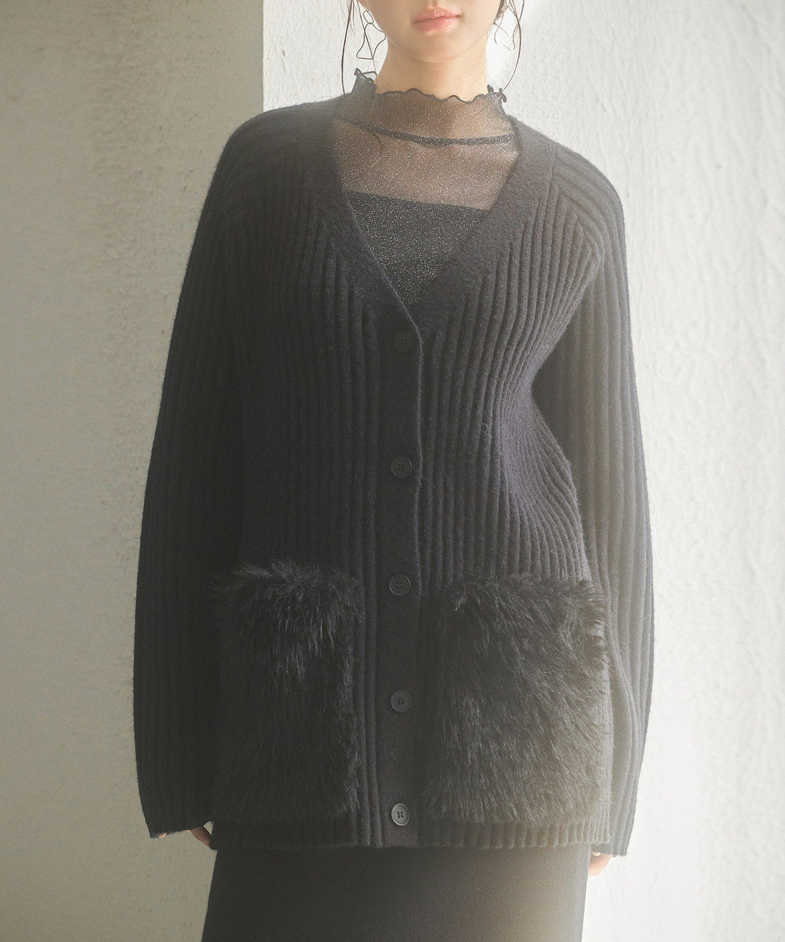Faux-Fur-Pocket V-Neck Knit Cardigan OEM ODM reference 10 - additional view 10