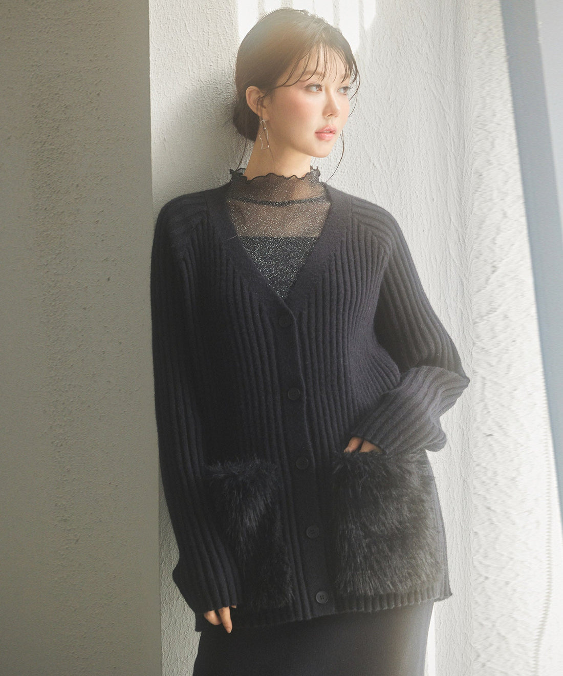 Faux-Fur-Pocket V-Neck Knit Cardigan OEM ODM reference 14 - additional view 14