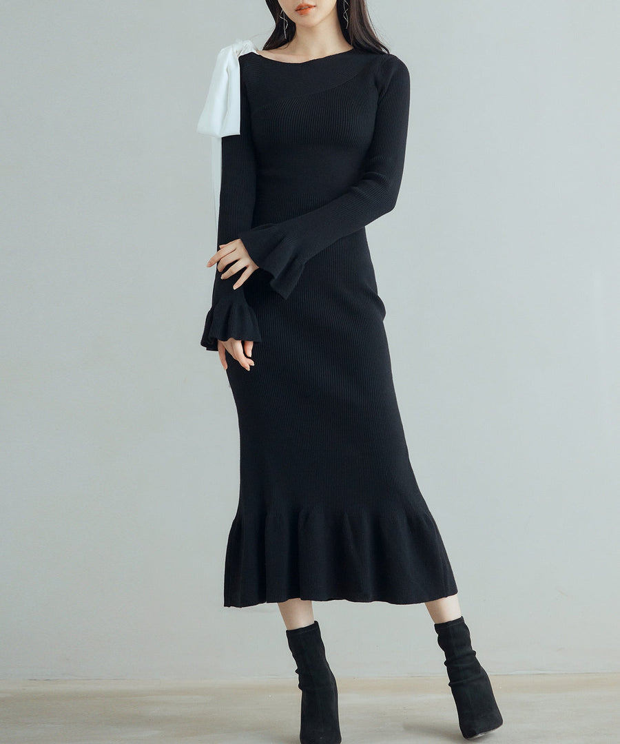 Ribbon Mixed-Material Knit Dress OEM ODM reference 1