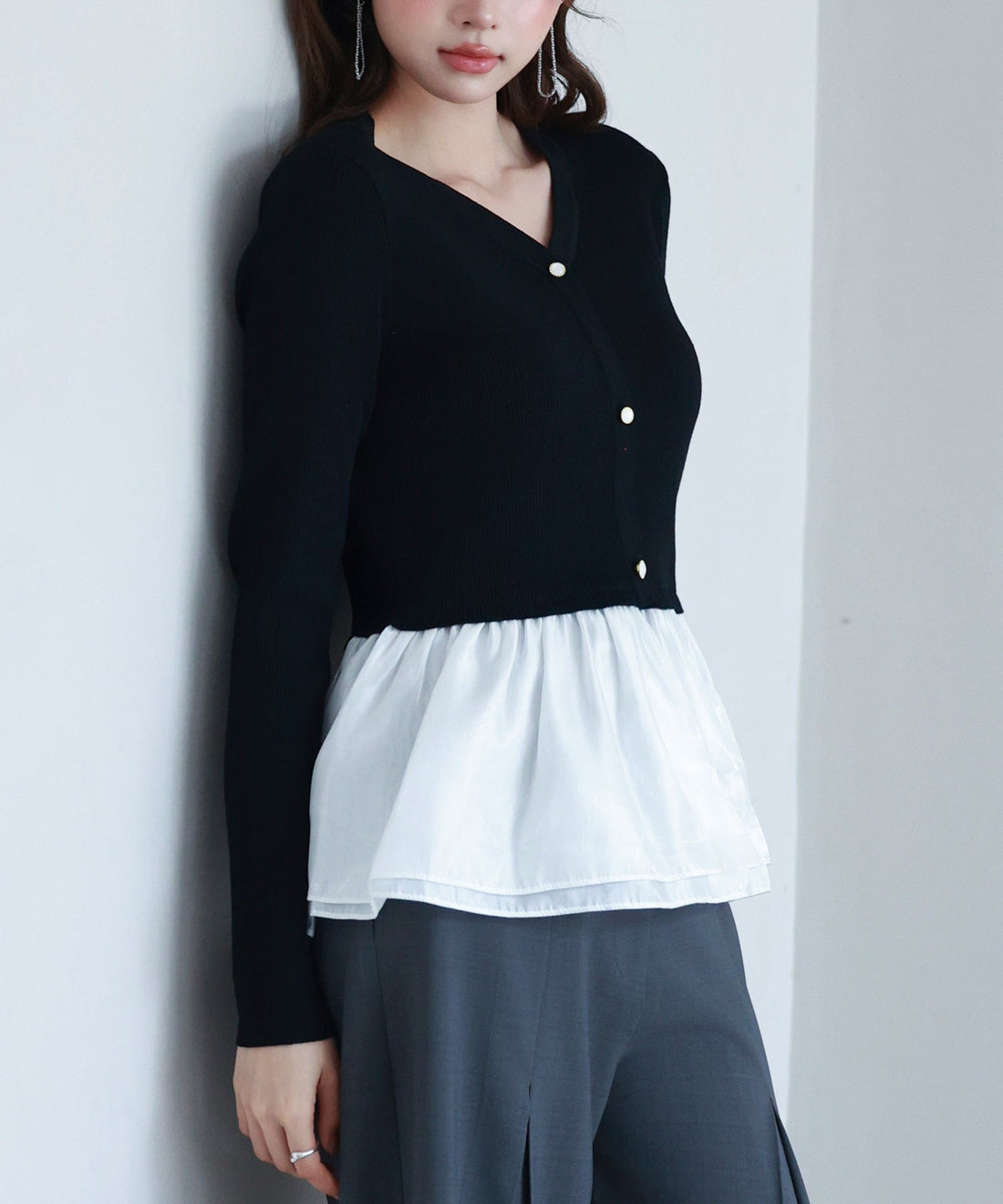 Mixed-Material Peplum-Hem Knit Pullover OEM ODM reference 11 - additional view 11