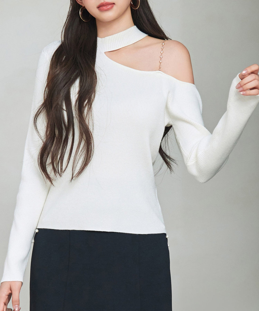 Oblique-Neck One-Shoulder Rib-Knit Top OEM ODM reference 9 - additional view 9