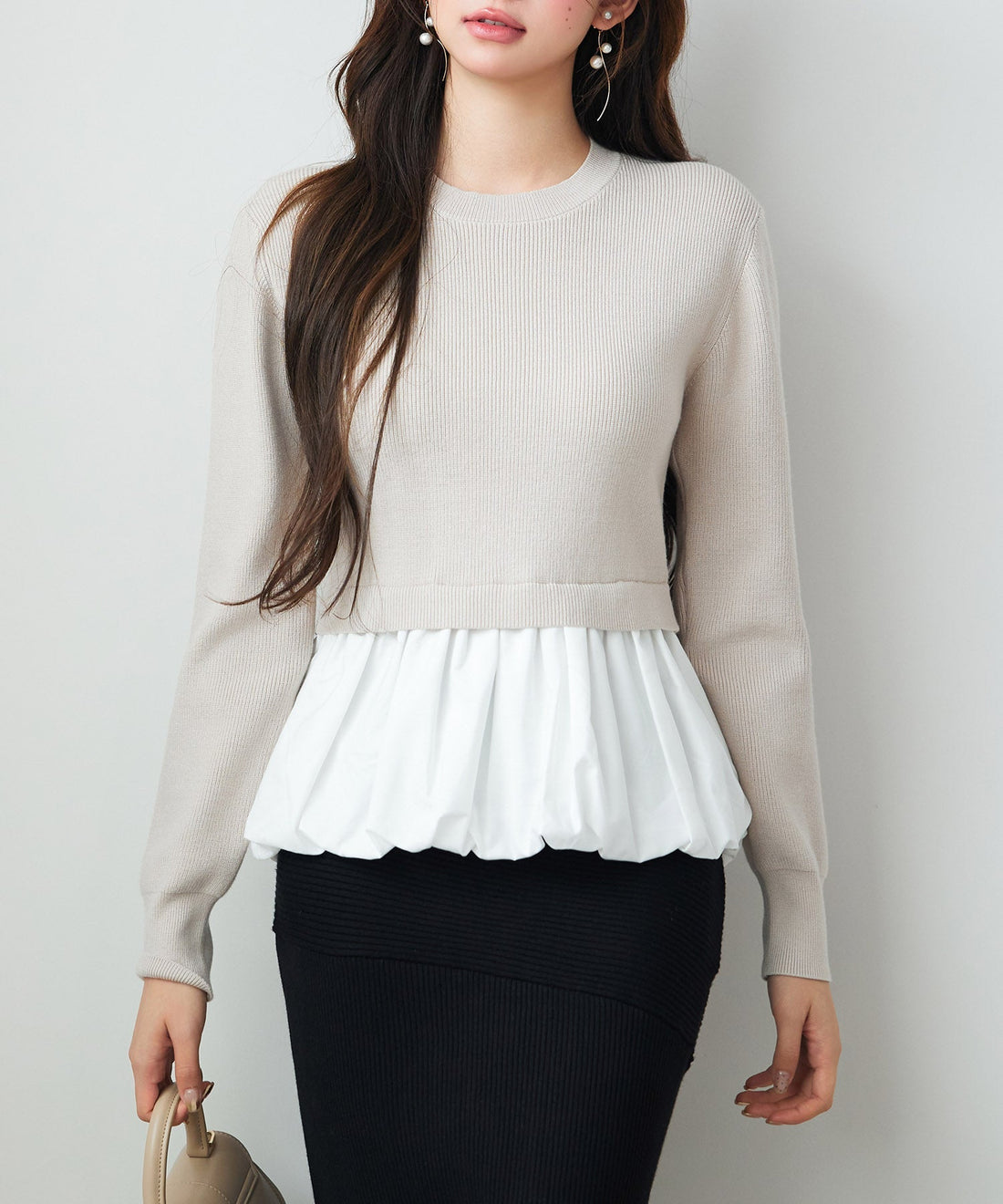 Mixed-Material Balloon Peplum Knit Top OEM ODM reference 10 - additional view 10