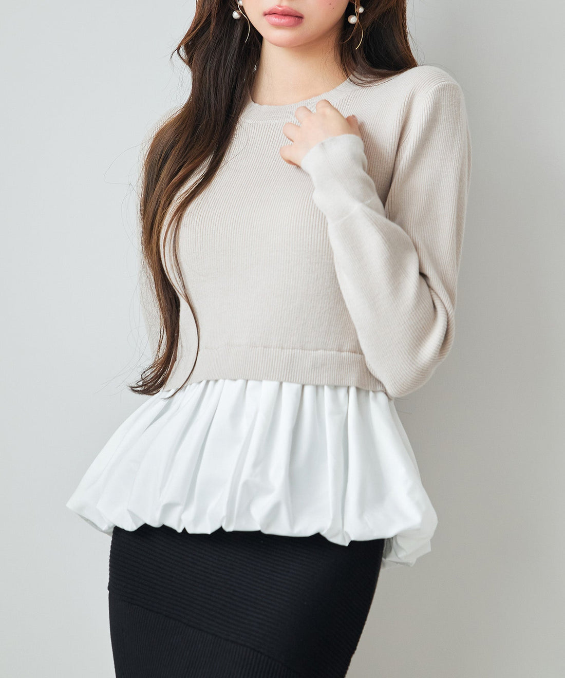 Mixed-Material Balloon Peplum Knit Top OEM ODM reference 11 - additional view 11