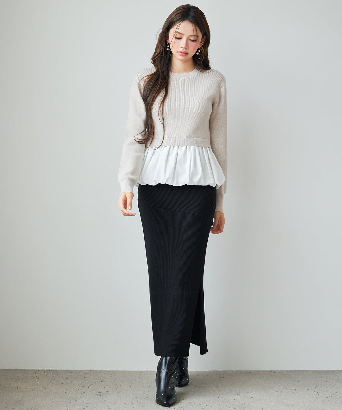 Mixed-Material Balloon Peplum Knit Top OEM ODM reference 13 - additional view 13