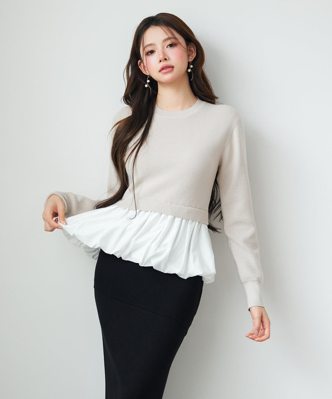 Mixed-Material Balloon Peplum Knit Top OEM ODM reference 14 - additional view 14
