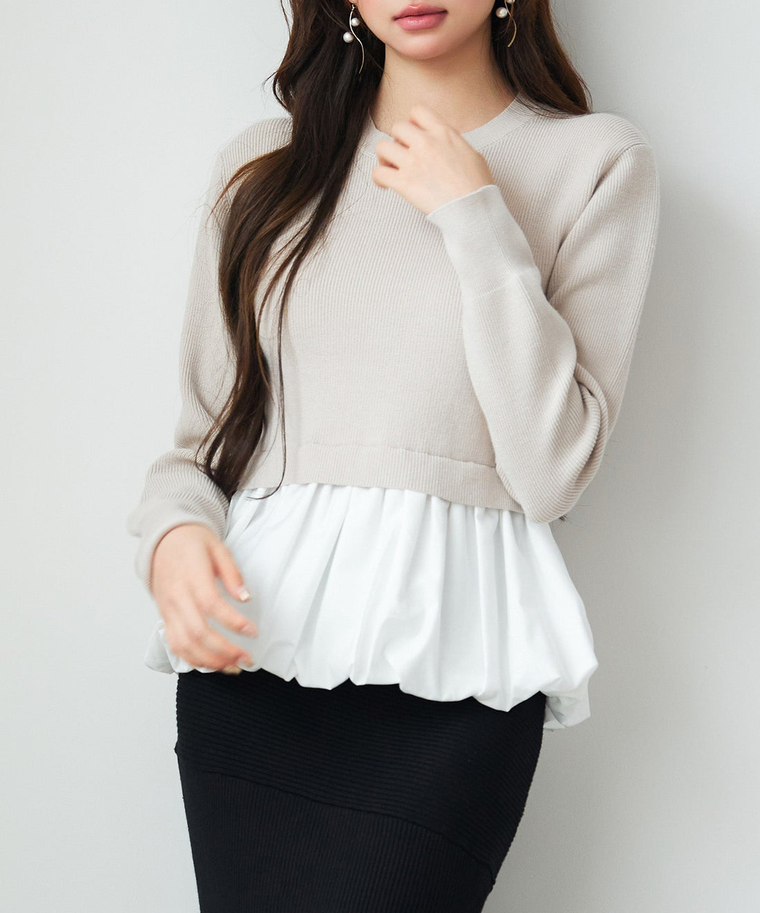 Mixed-Material Balloon Peplum Knit Top OEM ODM reference 15 - additional view 15