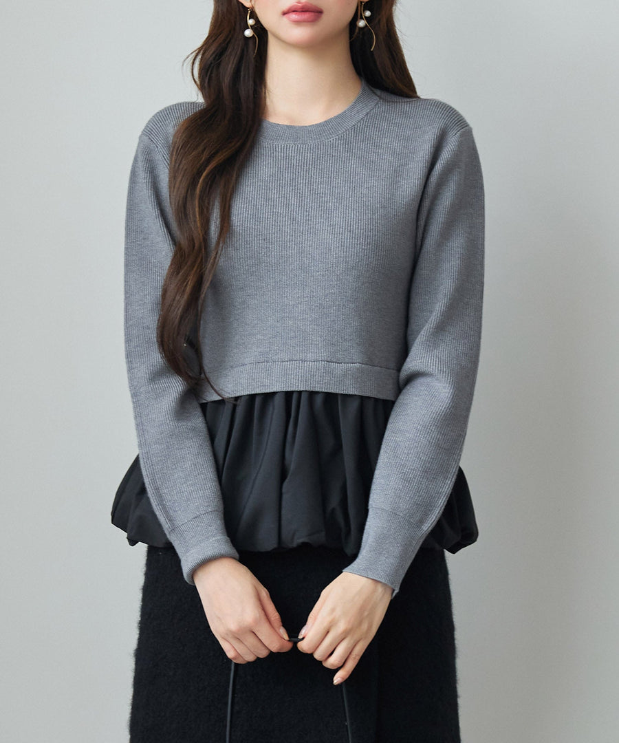 Mixed-Material Balloon Peplum Knit Top OEM ODM reference 1