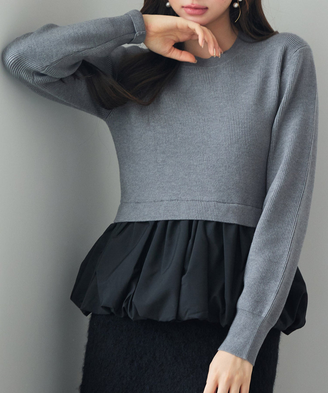 Mixed-Material Balloon Peplum Knit Top OEM ODM reference 8 - additional view 8