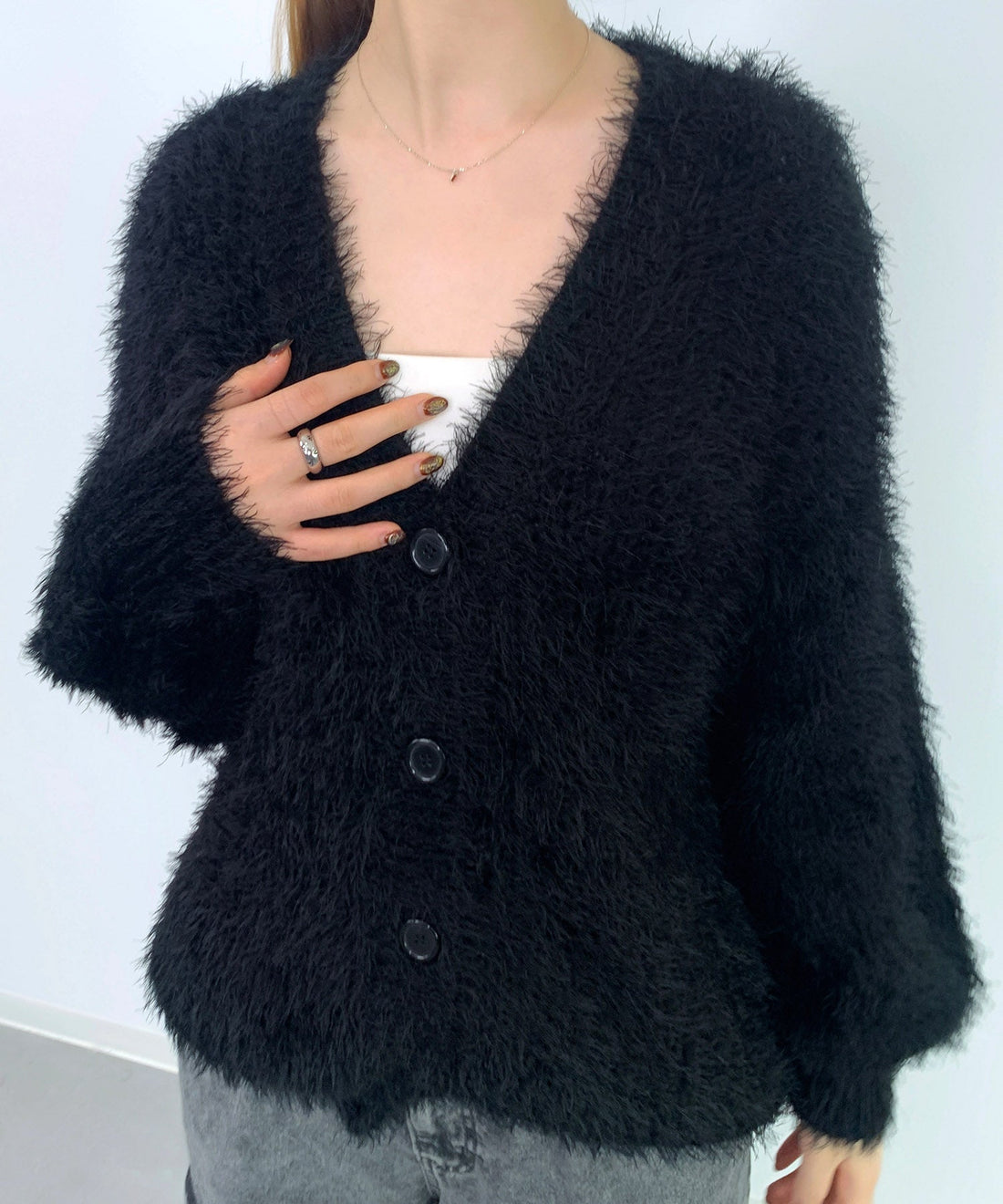 Lustrous Feather-Yarn V-Neck Cardigan OEM ODM reference 14 - additional view 14