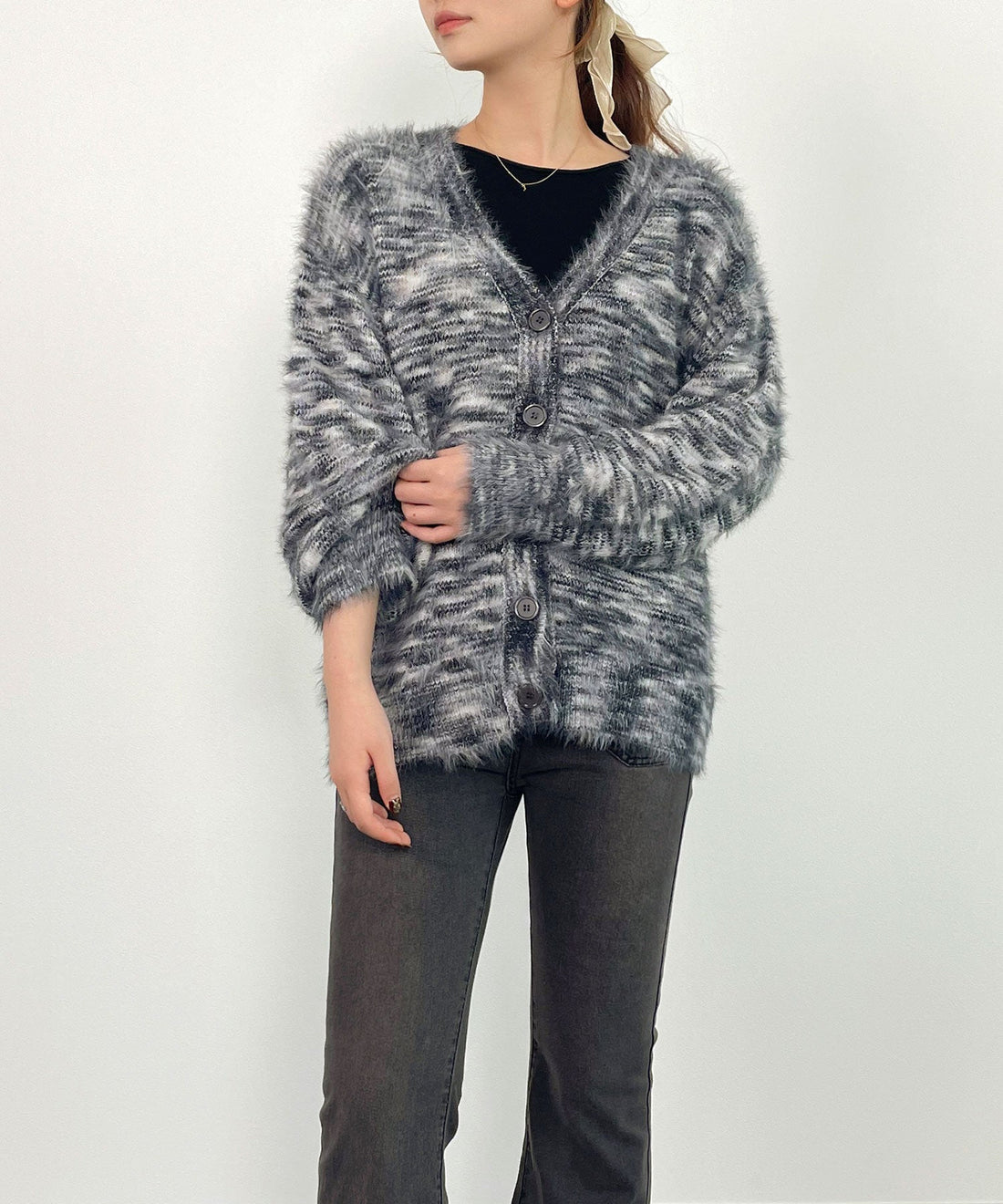 Fluffy Shaggy V-Neck Knit Cardigan OEM ODM reference 14 - additional view 14