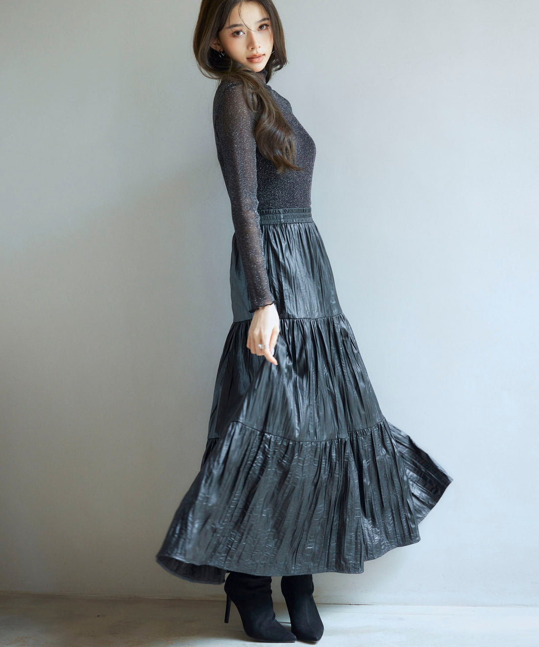 Crinkle-Finish Faux-Leather Long Skirt OEM ODM reference 9 - additional view 9