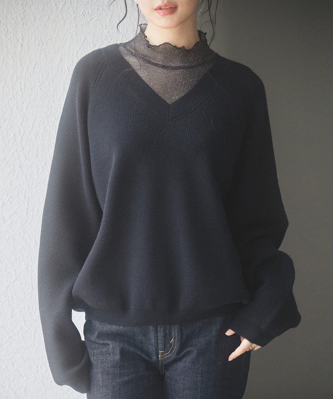 Deep V-Neck Ribbed Knit Pullover OEM ODM reference 12 - additional view 12