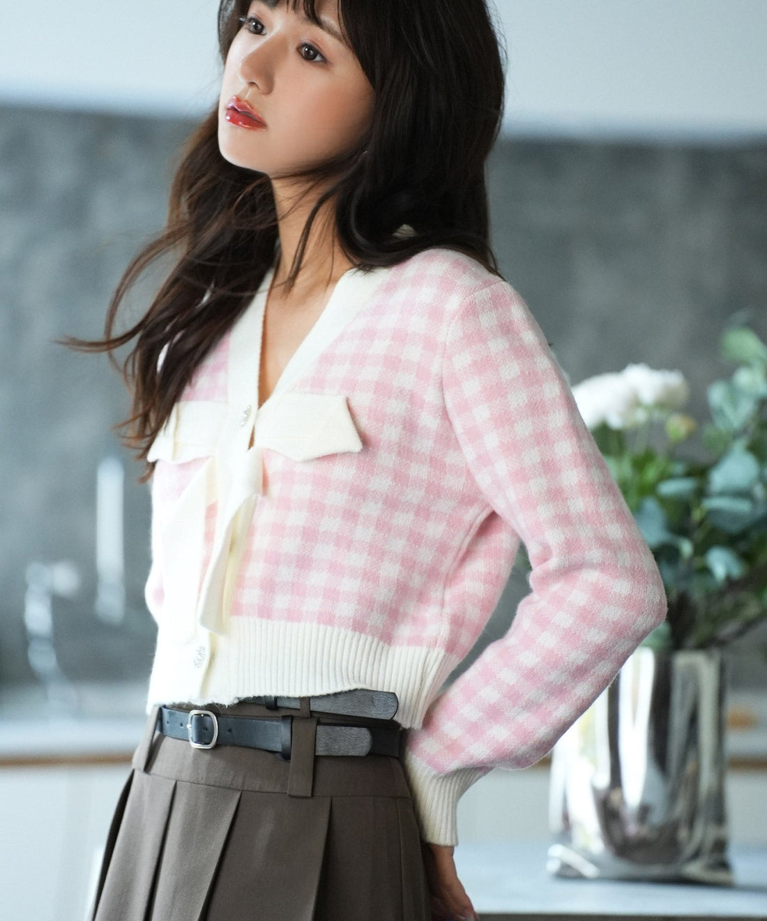 Front-Bow Gingham Knit Pullover OEM ODM reference 14 - additional view 14