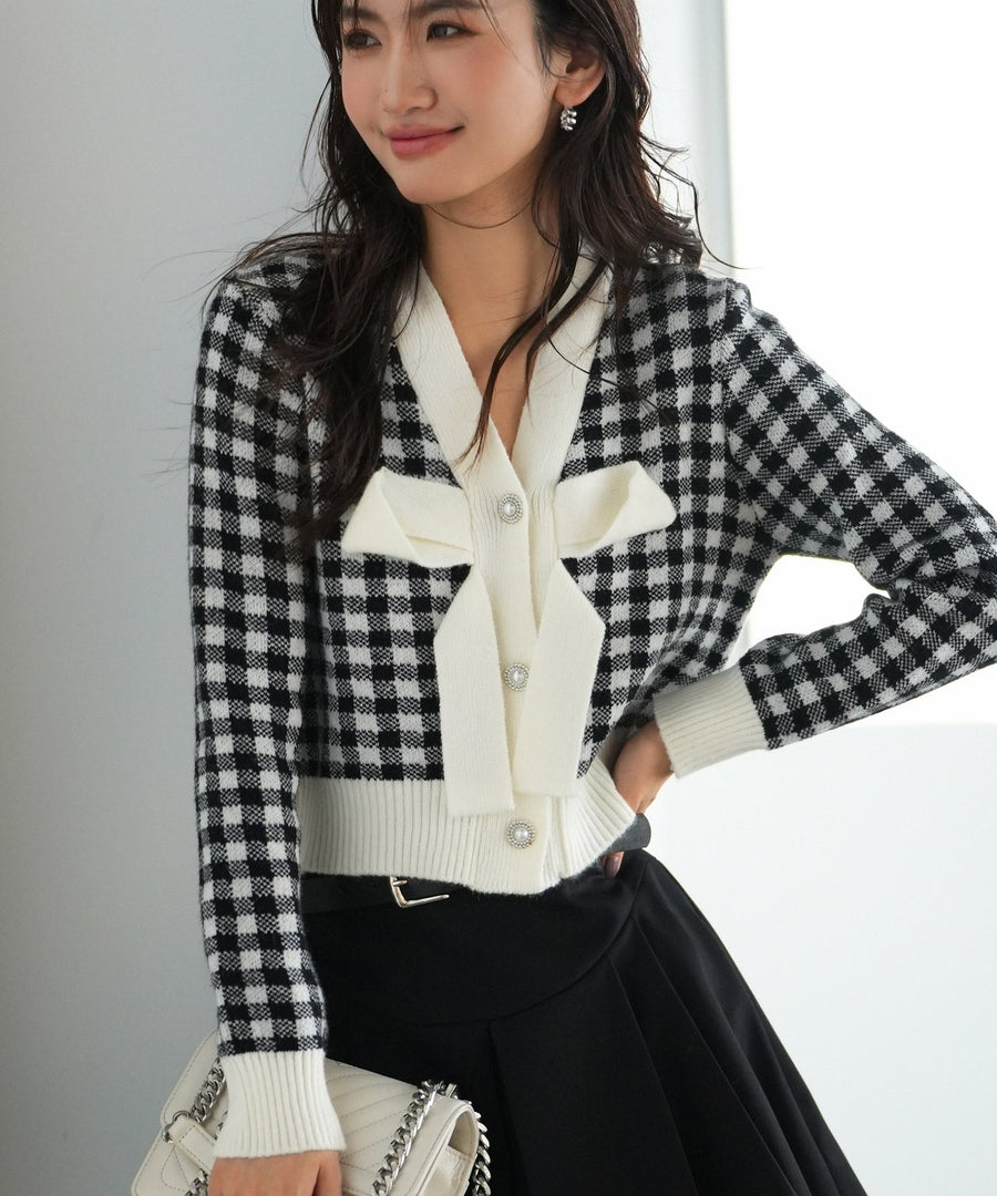 Front-Bow Gingham Knit Pullover OEM ODM reference 1