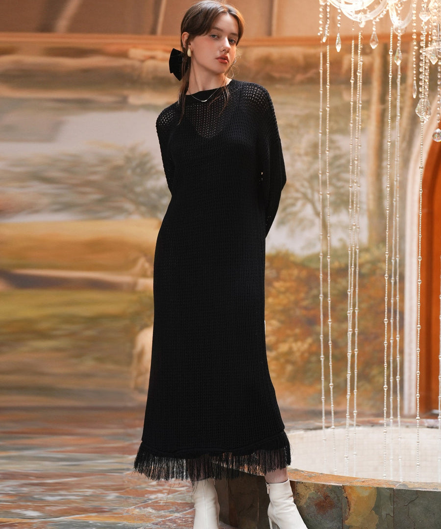 Fringed-Hem Mesh Long Knit Dress OEM ODM reference 1