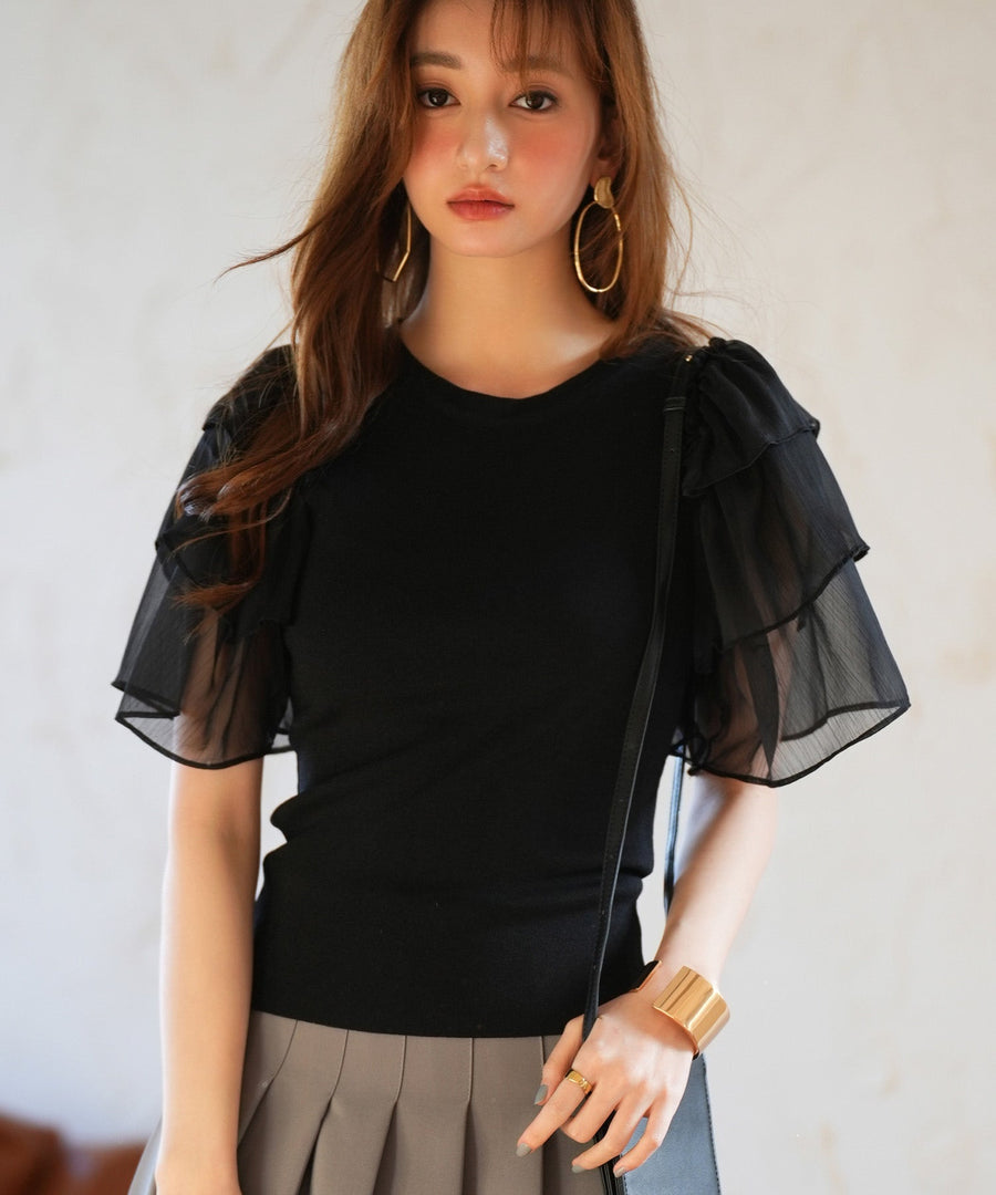 Chiffon-Sleeve Mixed-Material Knit Pullover OEM ODM reference 1