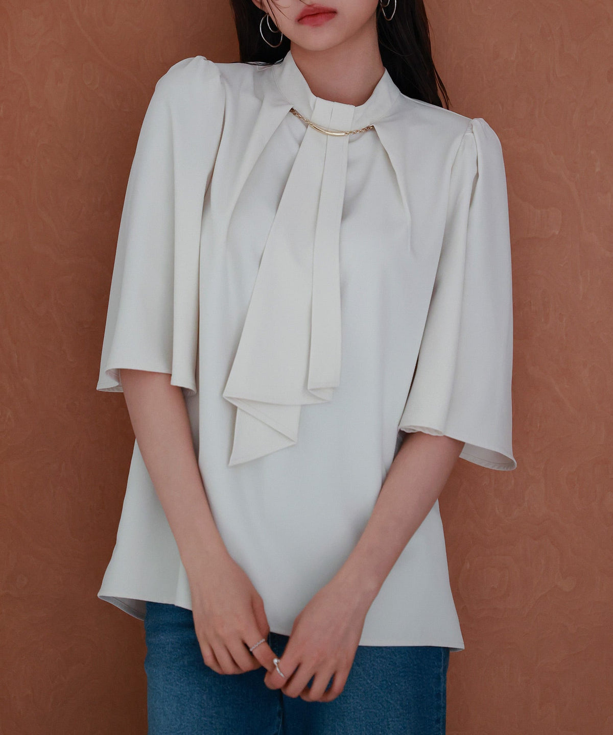 Gold-Motif Bow-Tie Stand-Collar Blouse OEM ODM reference 1