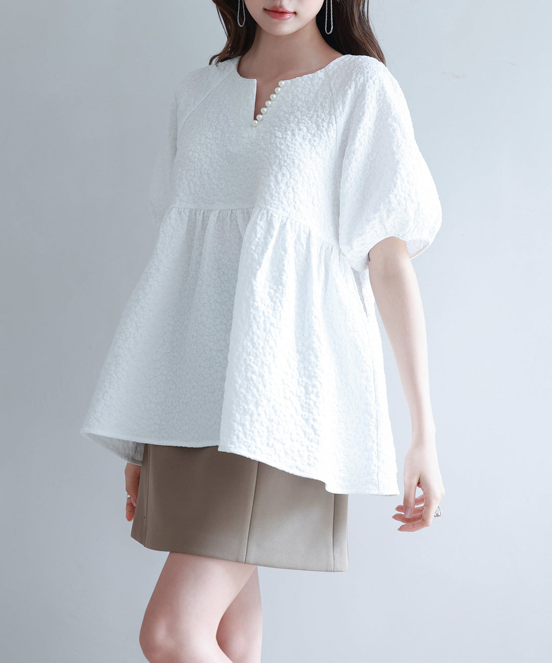 Textured Jacquard Pearl Key-Neck Blouse OEM ODM reference 8 - additional view 8