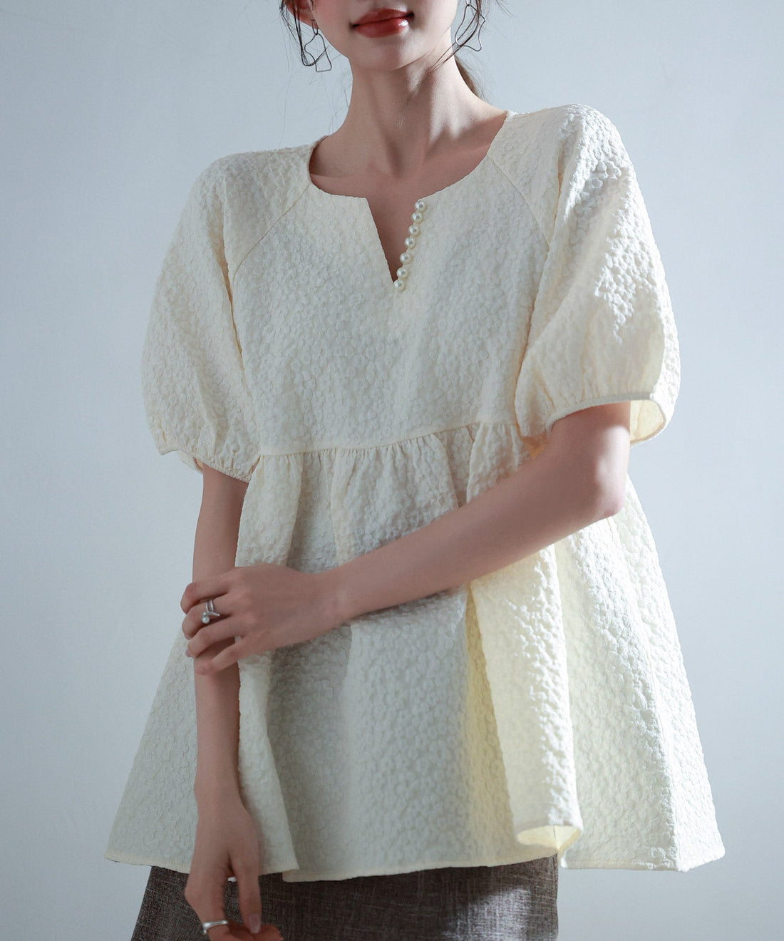 Textured Jacquard Pearl Key-Neck Blouse OEM ODM reference 11 - additional view 11