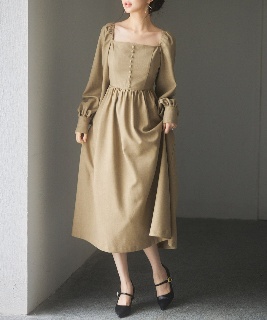 Square-Neck Gathered Flare Dress OEM ODM reference 1