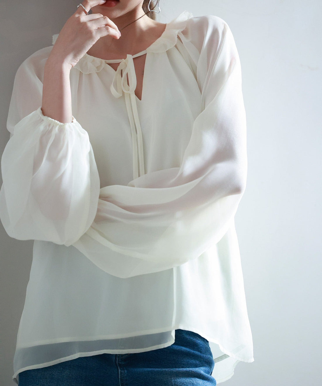 Ruffle-Neck Ribbon Chiffon Blouse OEM ODM reference 14 - additional view 14