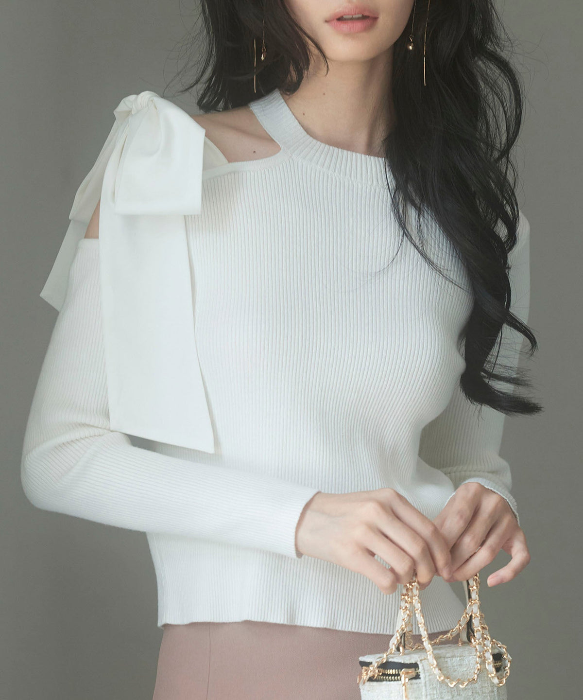 One-Shoulder Big-Ribbon Rib-Knit Top OEM ODM reference 1