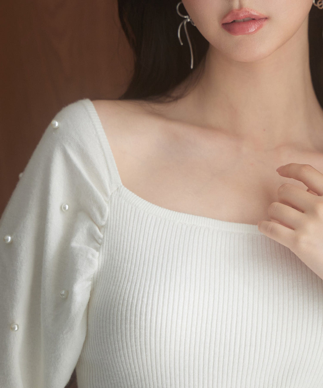 2-Way-Neck Pearl-Sleeve Fine-Knit Top OEM ODM reference 11 - additional view 11
