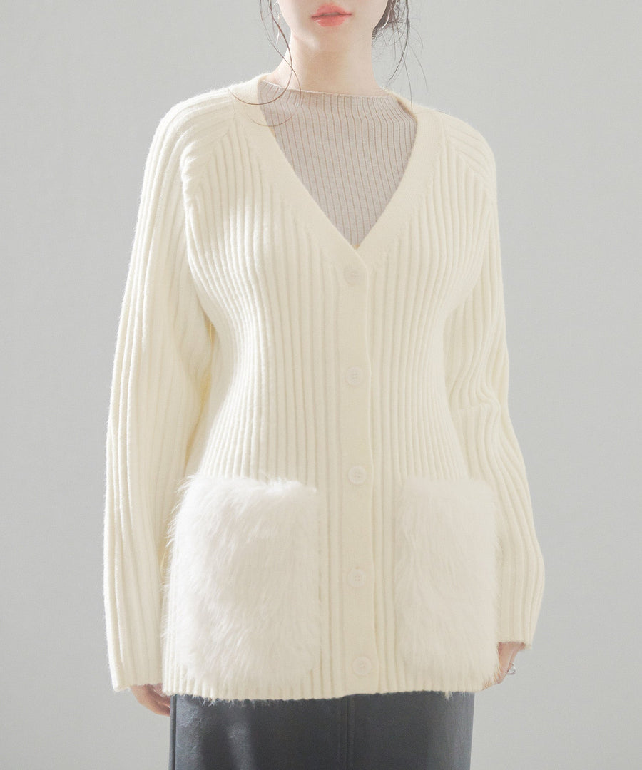 Faux-Fur-Pocket V-Neck Knit Cardigan OEM ODM reference 1