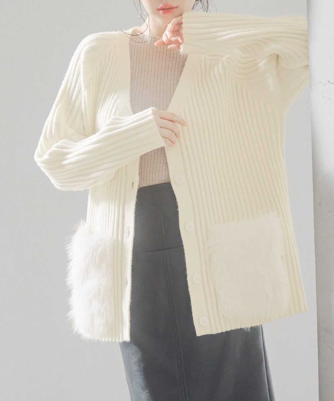 Faux-Fur-Pocket V-Neck Knit Cardigan OEM ODM reference 8 - additional view 8