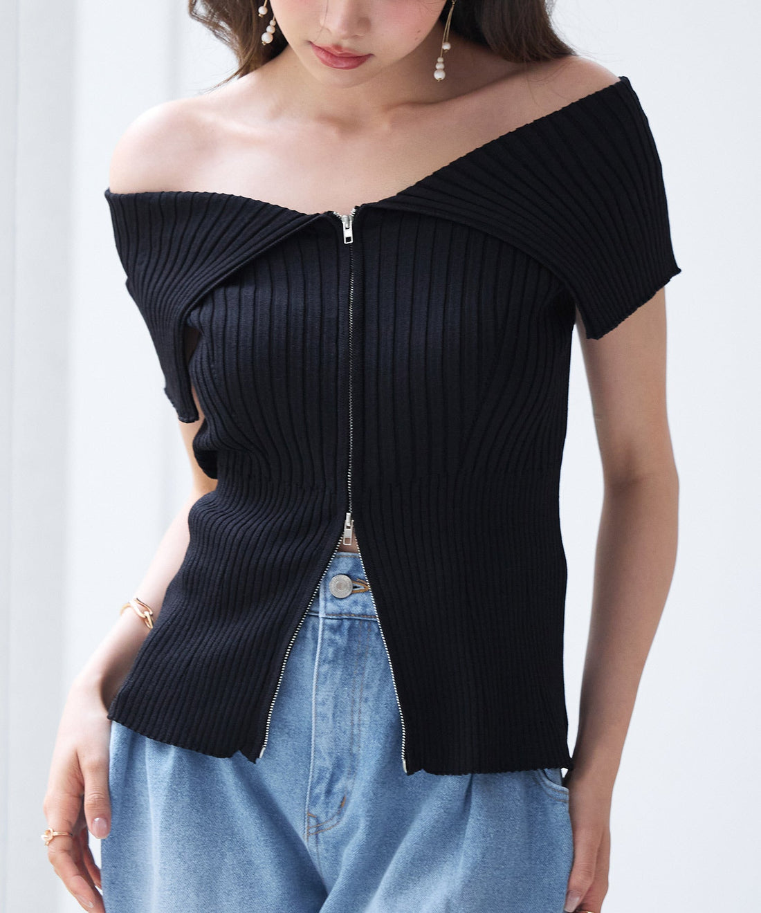 Double-Zip Off-Shoulder Knit Top OEM ODM reference 9 - additional view 9