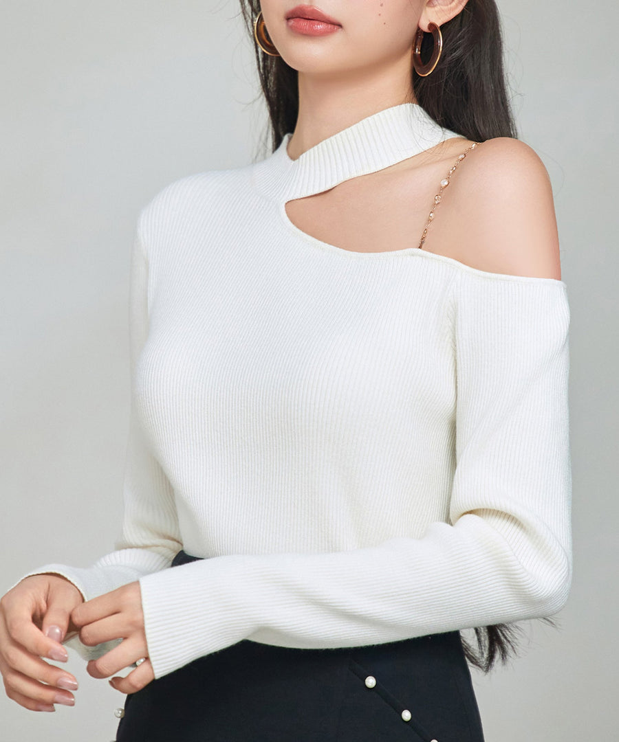Oblique-Neck One-Shoulder Rib-Knit Top OEM ODM reference 1