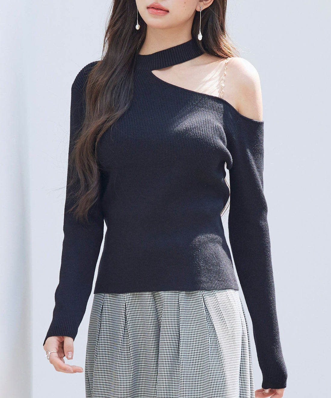 Oblique-Neck One-Shoulder Rib-Knit Top OEM ODM reference 12 - additional view 12