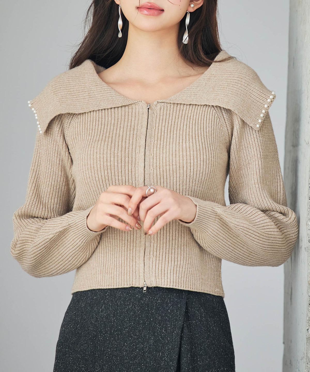 Pearl-Detail Double-Zip Knit Cardigan OEM ODM reference 1