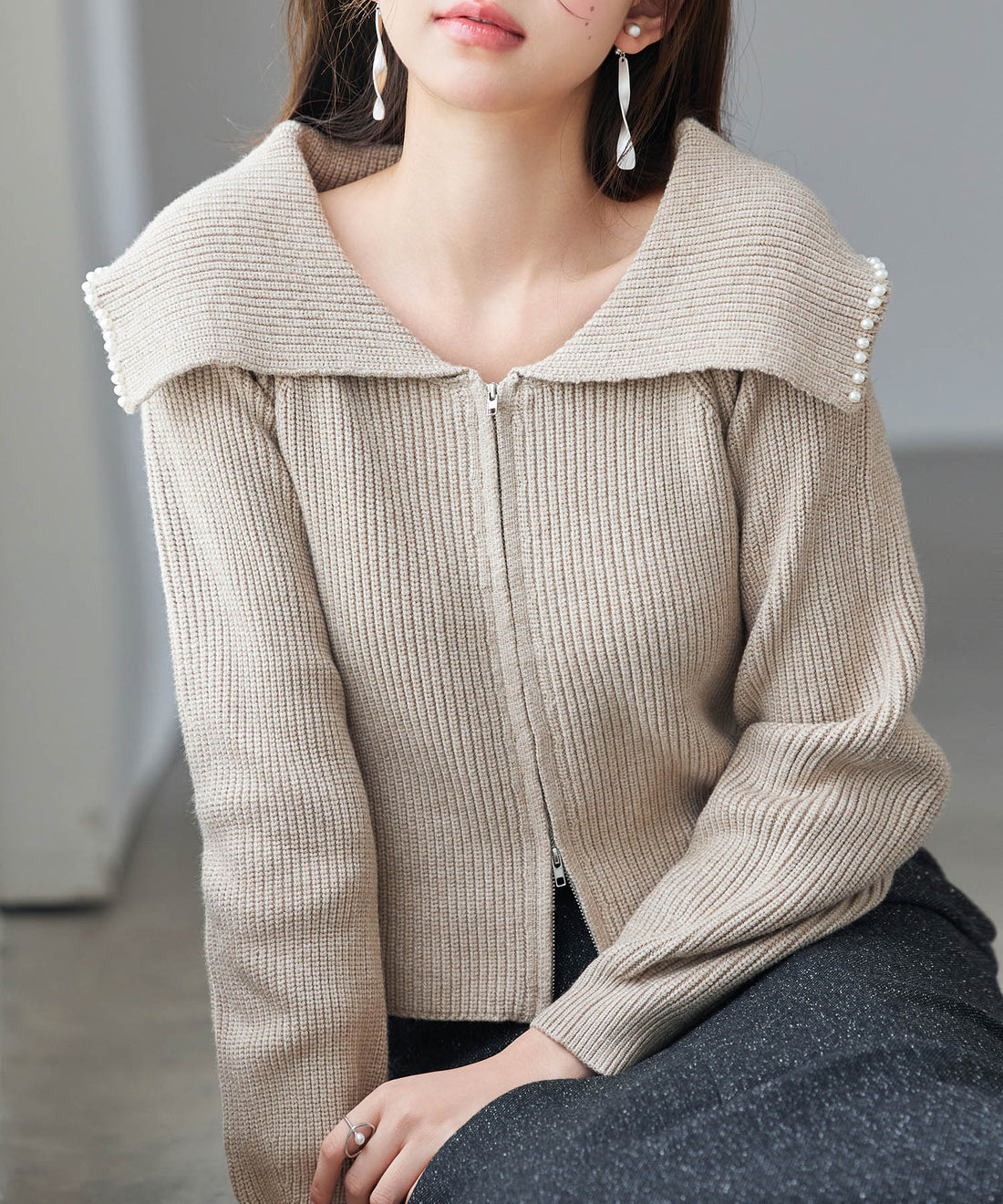 Pearl-Detail Double-Zip Knit Cardigan OEM ODM reference 8 - additional view 8