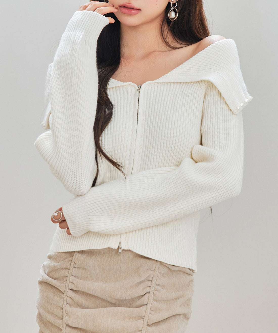 Pearl-Detail Double-Zip Knit Cardigan OEM ODM reference 10 - additional view 10